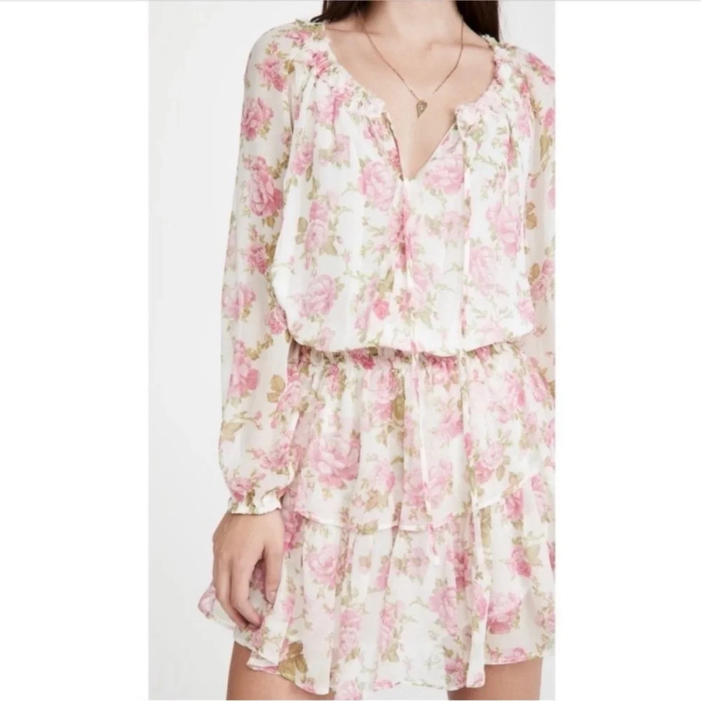 LoveShackFancy Floral Long Sleeve Tiered Mini Dress in Pink and Cream